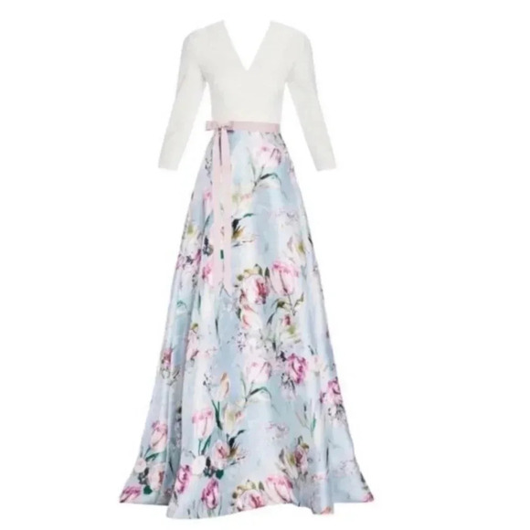 NWT Anthropologie Theia V Neck Crepe Bodice Maxi Dress Short Sleeve White Floral - Picture 14 of 16